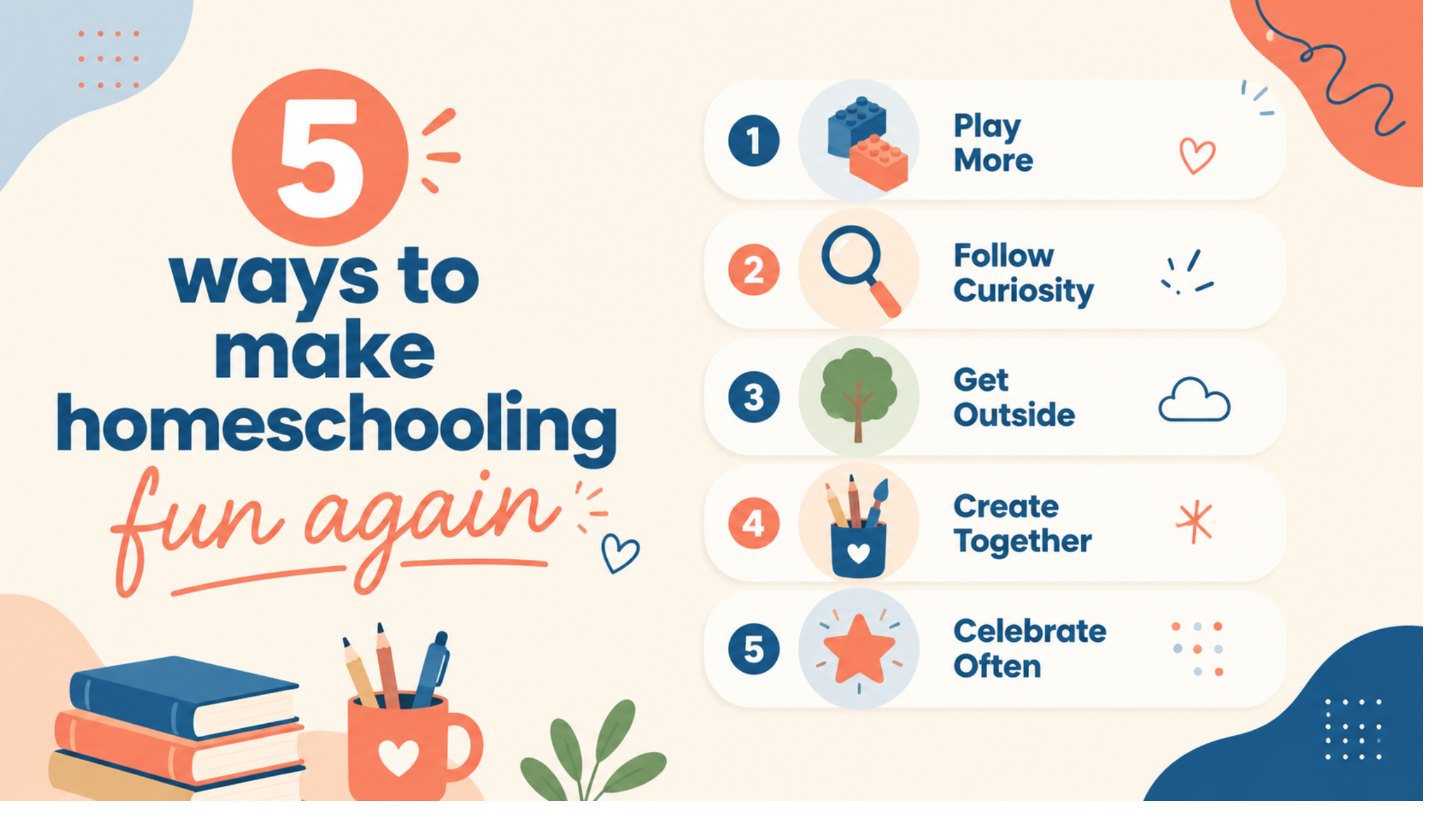 5 ways to make homeschooling fun again: play more, follow curiosity, get outside, create together, celebrate often