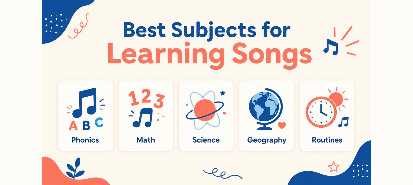 Best subjects for learning songs for kids: phonics, math, science, geography, and routines