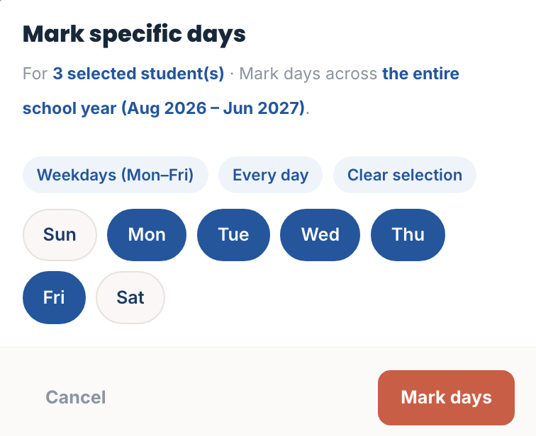 Mark specific days dialog selecting Monday to Friday across an entire homeschool school year