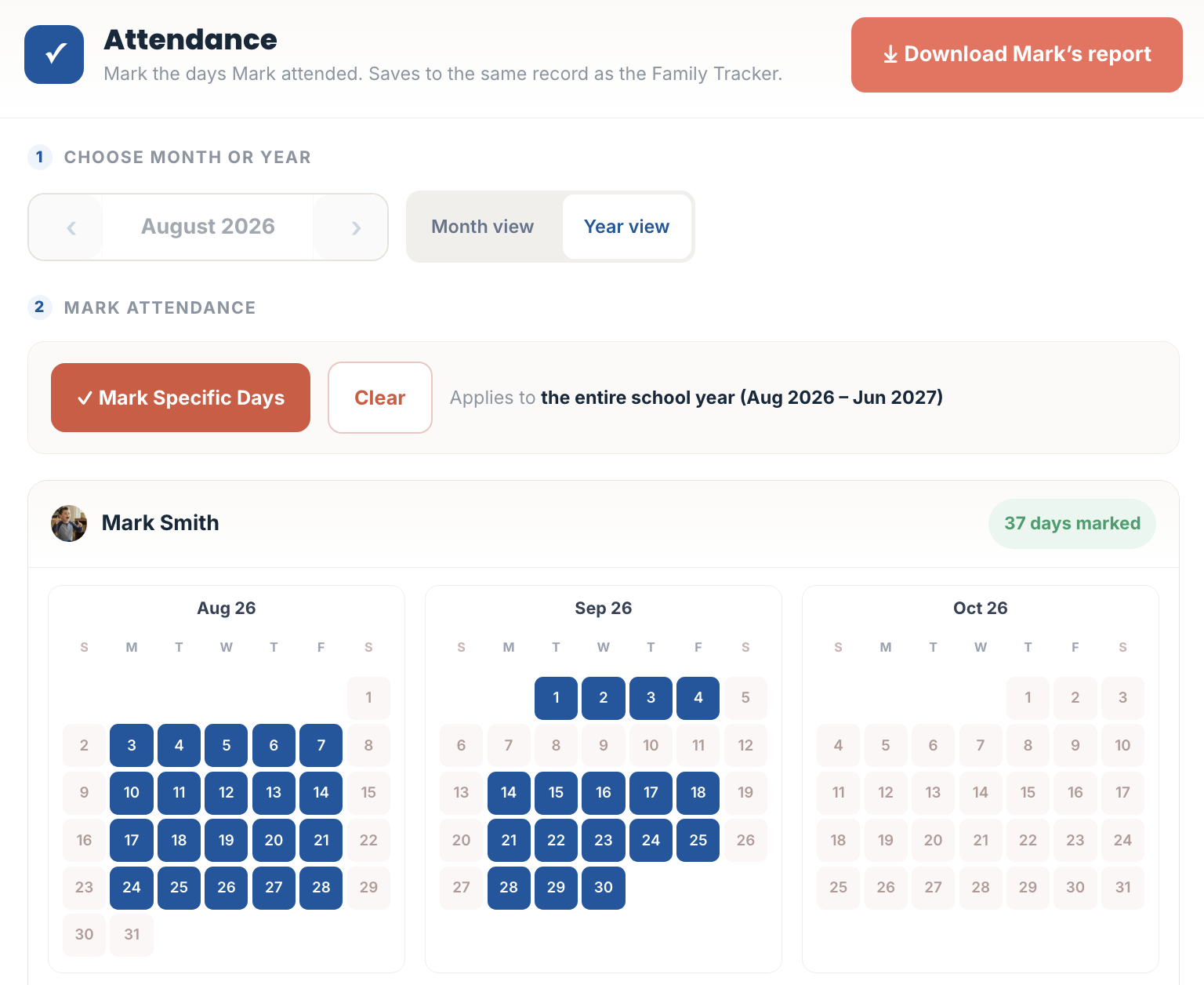 Homeschool attendance tracker showing a full school year of marked days for one student