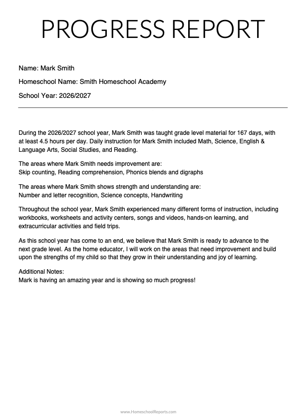 Sample homeschool progress report describing subjects taught, strengths and areas for improvement