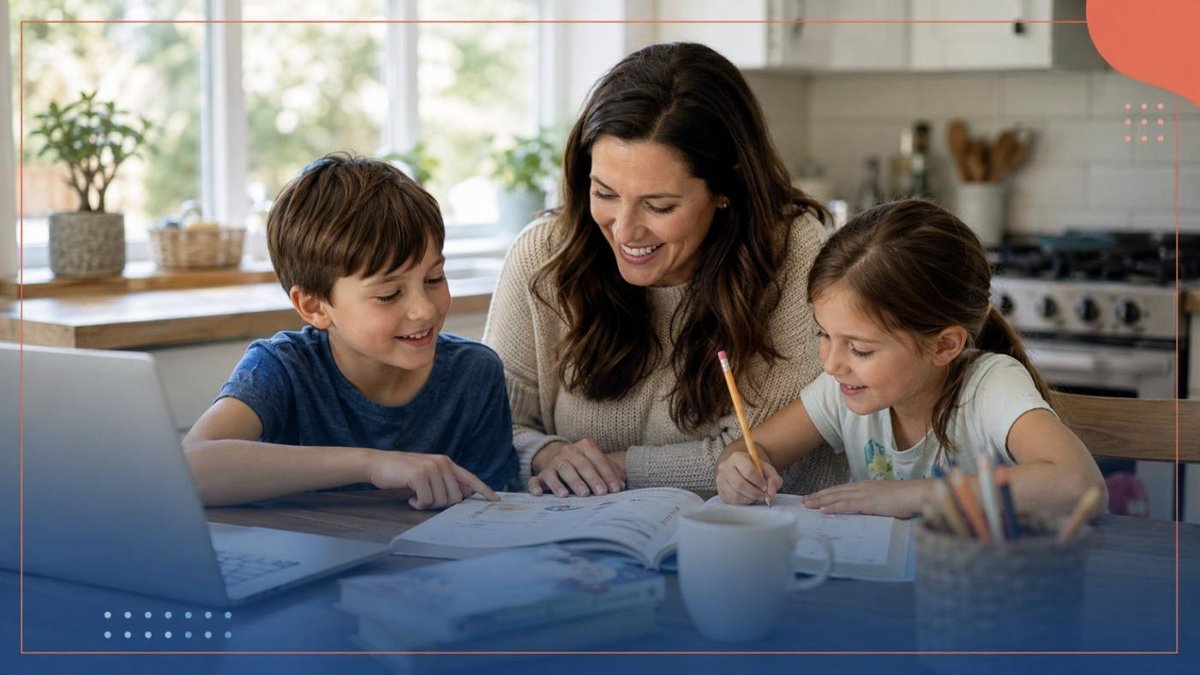 Homeschool mom keeping records and doing schoolwork with her two children at the kitchen table