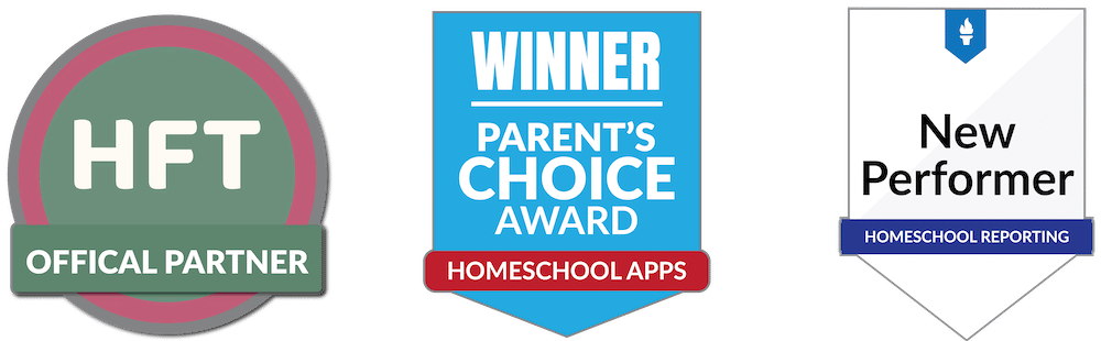 Homeschool Reports awards: Have Fun Teaching official partner, Parent's Choice Award winner for homeschool apps, and New Performer for homeschool reporting