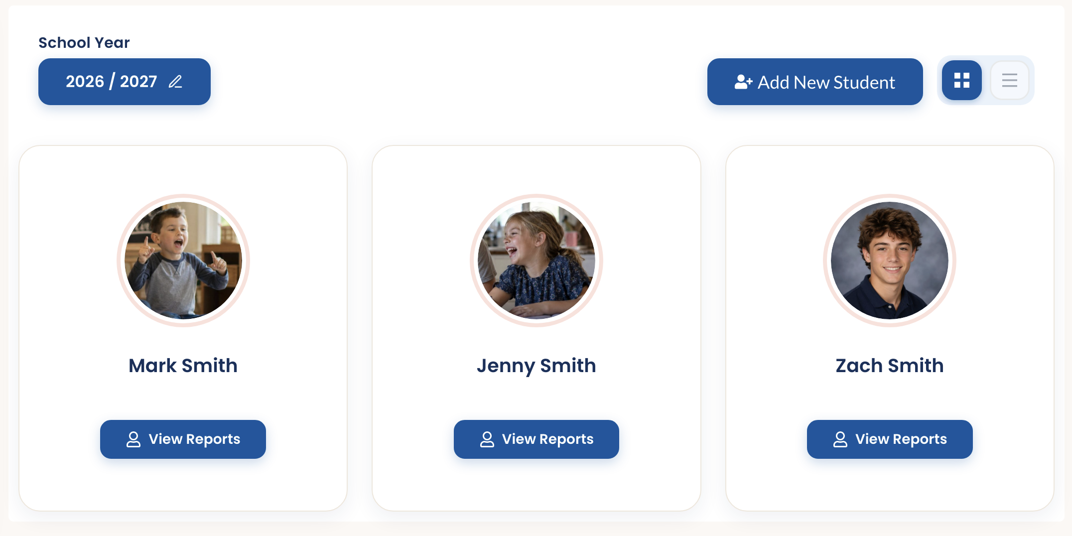 Homeschool record keeping software dashboard showing student cards and the school year selector