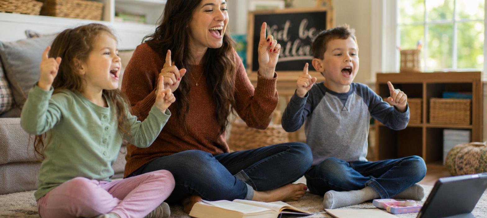 Homeschool mom and two young children singing learning songs together in a cozy living room