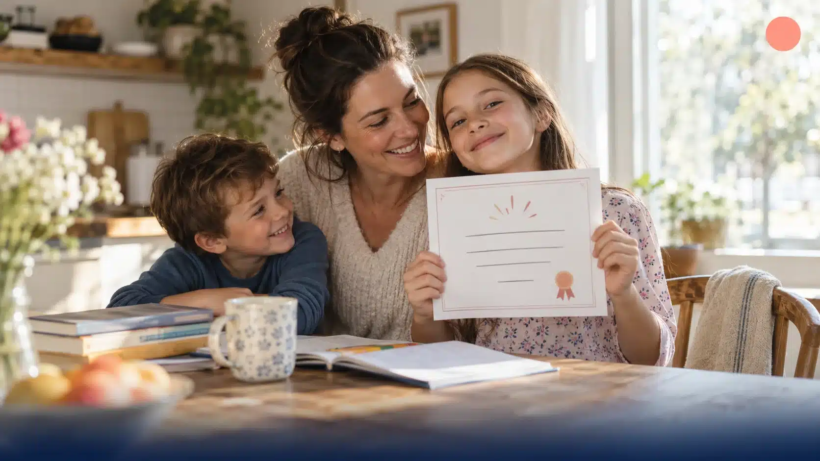 Homeschool mom celebrating a completion certificate with her daughter at the kitchen table