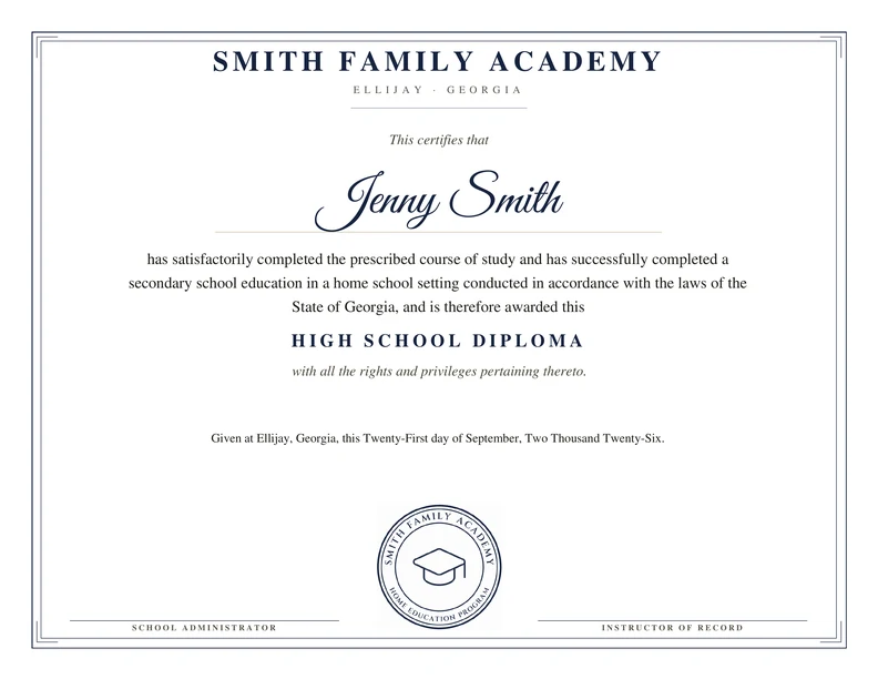 Homeschool diploma sample with student name, homeschool name and signature line