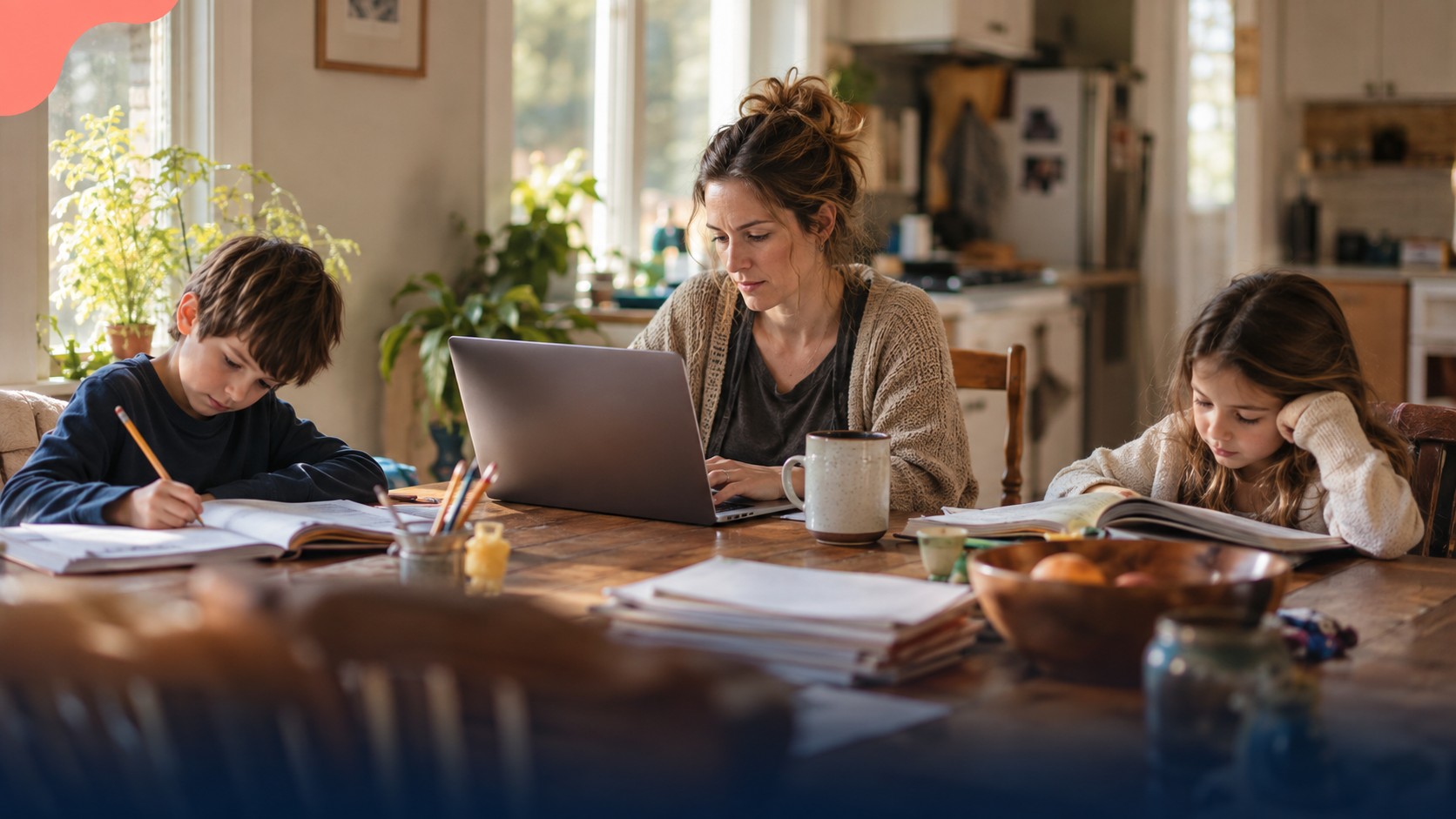 Homeschool mom updating her homeschool record keeping software at the kitchen table while her children work
